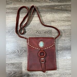 Handmade Messenger Bag Genuine Leather with Jade Stone Artisan w/Adjust. Straps
